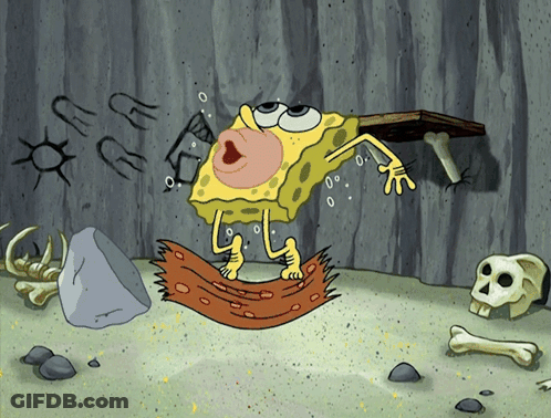 SpongeBob Standing On Rug With Skulls And Rocks GIF
