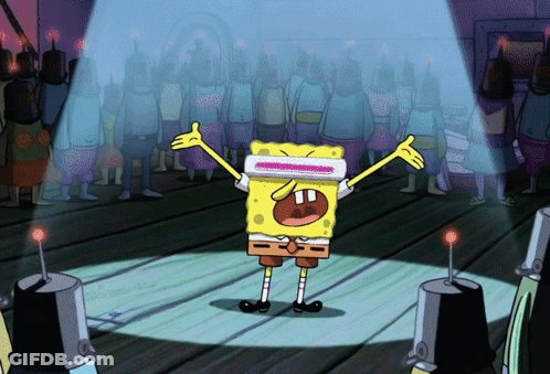 SpongeBob Standing With Arms Outstretched Before Crowd GIF