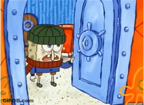 Spongebob Wearing A Green Hat And Scarf Is Opening A Door GIF