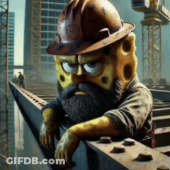 Spongebob Wearing A Hard Hat And A Beard Is Leaning On A Railing GIF