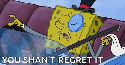 Spongebob Wearing A Top Hat And Glasses Is Driving A Car And Holding A Cane . GIF