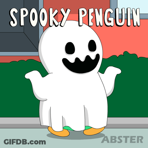 Spooky Penguin Standing In Front Of House GIF