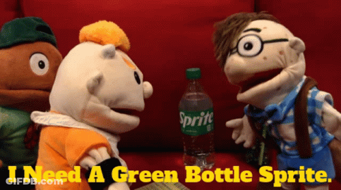 Sprite Bottle On Red Couch With Three Puppets GIF