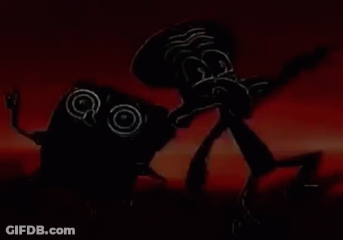Squidward And Patrick From Spongebob Squarepants Are Standing Next To Each Other In A Dark Room . GIF