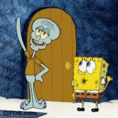 Squidward And Spongebob Are Standing In Front Of A Wooden Door . GIF