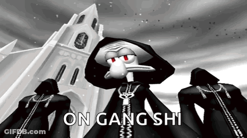 Squidward From Kingdom Hearts Is Standing In Front Of A Church With The Words On Gang Shi Written Below Him GIF