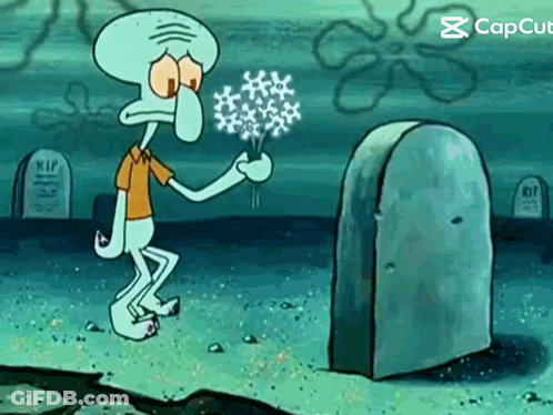 Squidward From Spongebob Is Holding A Bouquet Of Flowers In Front Of A Grave GIF