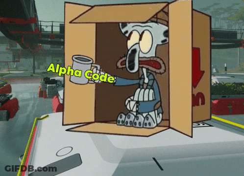 Squidward From Spongebob Is Holding A Mug In A Cardboard Box With Alpha Code Written On It GIF