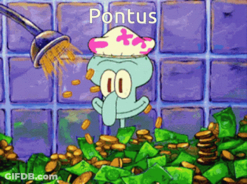 Squidward From Spongebob Is Showering With Coins And The Word Pontus Is On The Bottom GIF