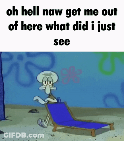 Squidward From Spongebob Is Sitting In A Blue Chair On The Beach . GIF