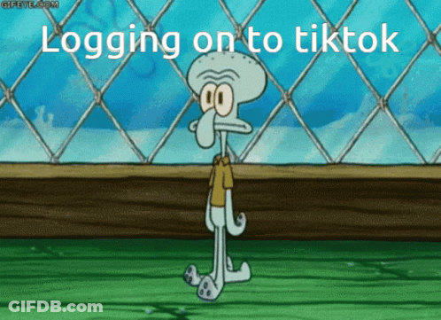 Squidward From Spongebob Is Standing In Front Of A Chain Link Fence With The Words Logging On To Tiktok GIF