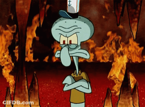 Squidward From Spongebob Is Standing In Front Of A Fire With His Arms Crossed GIF