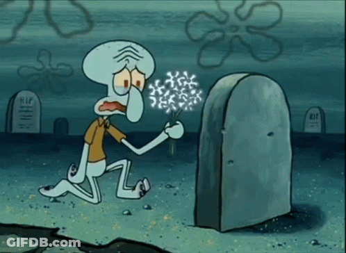 Squidward From Spongebob Kneeling In Front Of A Grave With Rip Written On It GIF