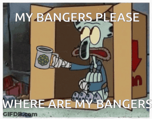 Squidward From Spongebob Sits In A Cardboard Box Holding A Coffee Mug And Asking Where Are His Bangers GIF