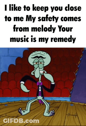 Squidward From Spongebob Squarepants Is Dancing In Front Of Red Seats And Says I Like To Keep You Close To Me GIF