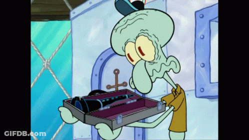 Squidward From Spongebob Squarepants Is Holding A Box With A Sword In It GIF