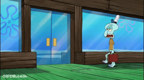 Squidward From Spongebob Squarepants Is Holding A Briefcase In Front Of A Glass Door GIF