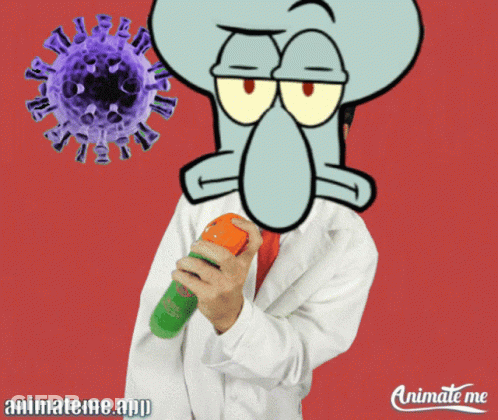 Squidward From Spongebob Squarepants Is Holding A Spray Bottle In Front Of A Virus GIF