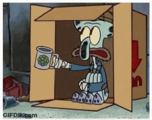 Squidward From Spongebob Squarepants Is Sitting In A Cardboard Box Holding A Cup GIF