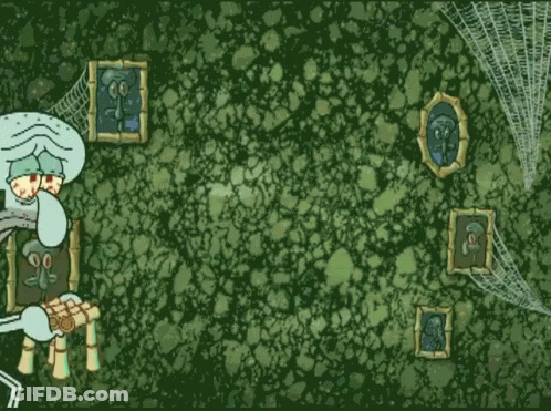 Squidward From Spongebob Squarepants Is Sitting In Front Of A Wall Of Pictures GIF