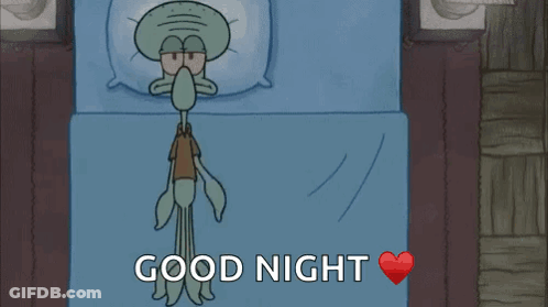 Squidward From Spongebob Squarepants Is Sleeping In A Bed With The Words " Good Night " Above Him GIF