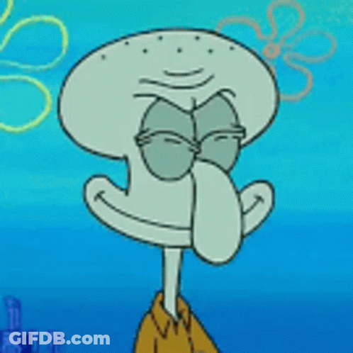 Squidward From Spongebob Squarepants Is Smiling With His Eyes Closed And His Tongue Sticking Out . GIF