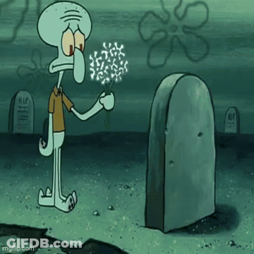 Squidward From Spongebob Squarepants Is Standing In Front Of A Grave Holding A Bouquet Of Dandelions . GIF