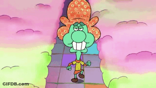 Squidward From Spongebob Squarepants Is Walking Through A Tunnel Of Pink Clouds GIF