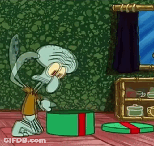 Squidward From SpongeBob SquarePants Looking Into Green Gift Box GIF