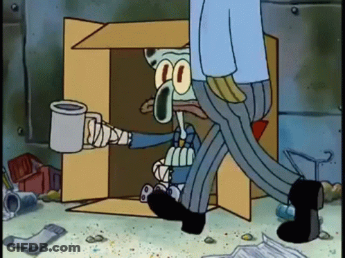 Squidward From Spongebob Squarepants Walks Into A Cardboard Box Holding A Cup Of Coffee GIF