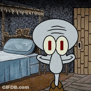 Squidward From SpongeBob Standing In Front Of Bed GIF