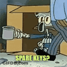 Squidward Holding Coffee Asking For Spare Keys GIF