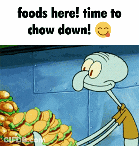 Squidward Holding Hamburgers Saying Foods Here Time To Chow Down GIF
