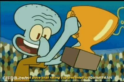 Squidward Holding Trophy In Front Of Crowd GIF
