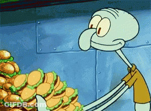 Squidward Next To Pile Of Burgers GIF