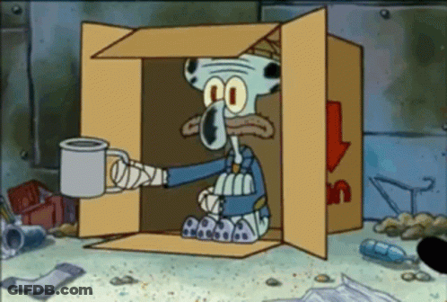 Squidward Sitting In Cardboard Box Holding Mug GIF