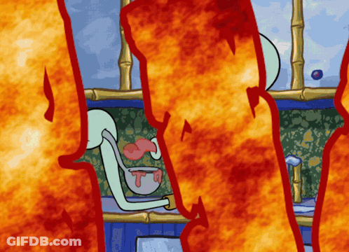 Squidward Standing In Front Of Wall Of Fire GIF