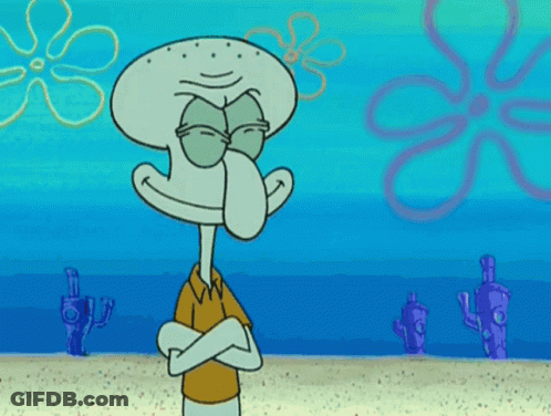 Squidward With Arms Crossed In Front Of Purple Flower GIF
