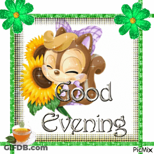 Squirrel Holding Sunflower Saying Good Evening GIF