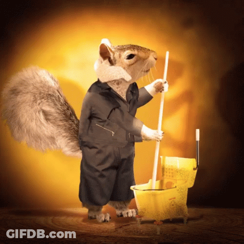 Squirrel In Suit Holding Mop And Bucket GIF