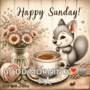 Squirrel Next To Coffee And Flowers GIF