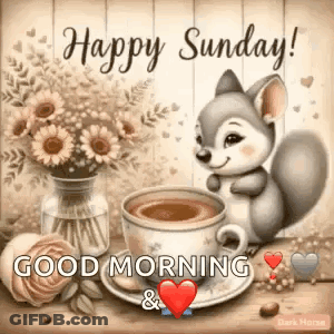 Squirrel Sitting Next To Coffee And Flowers On Wooden Table GIF