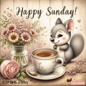 Squirrel Standing Next To Cup Of Coffee And Flowers GIF