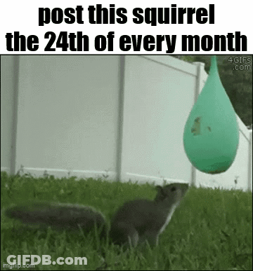 Squirrel With Green Balloon On Fence GIF
