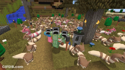 Squirrels Gathered Around Tree In Minecraft GIF