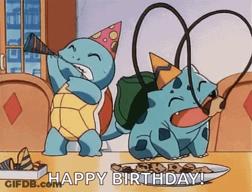 Squirtle And Bulbasaur Celebrating Birthday With Party Horn GIF