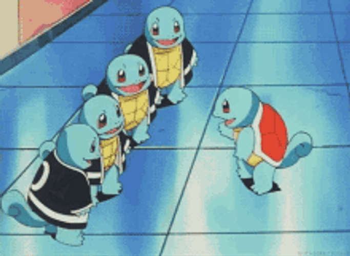 Squirtle Touching Tails Of His Gang GIF