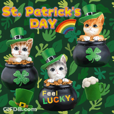 St. Patrick's Day Greeting Card With Three Cats In Pots Of Gold GIF