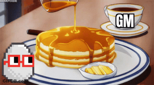 Stack Of Pancakes With Syrup And Coffee Saying GM GIF