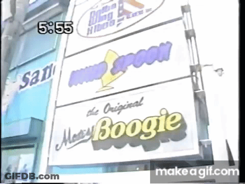 Stack Of Signs On Building Saying The Original Boogie GIF